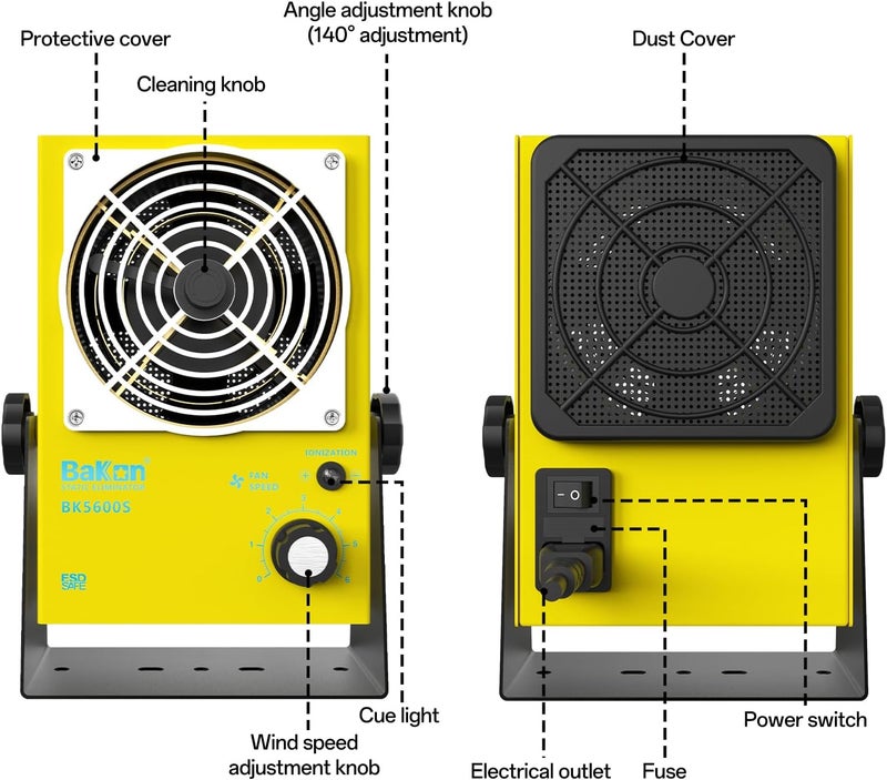 BAKON BK5600S Anti-Static Ion Fan, Ion Electric Fan, Static Eliminator, Electronic Manufacturing Maintenance, Scientific Research Laboratory, Chip Packaging to Eliminate Static Electricity (BK5600S-Yellow) - Image 5